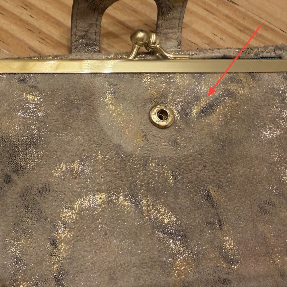 Hobo Lauren Distressed Metallic Gold Suede Kisslock Wallet Taupe - Picture 4 of 5